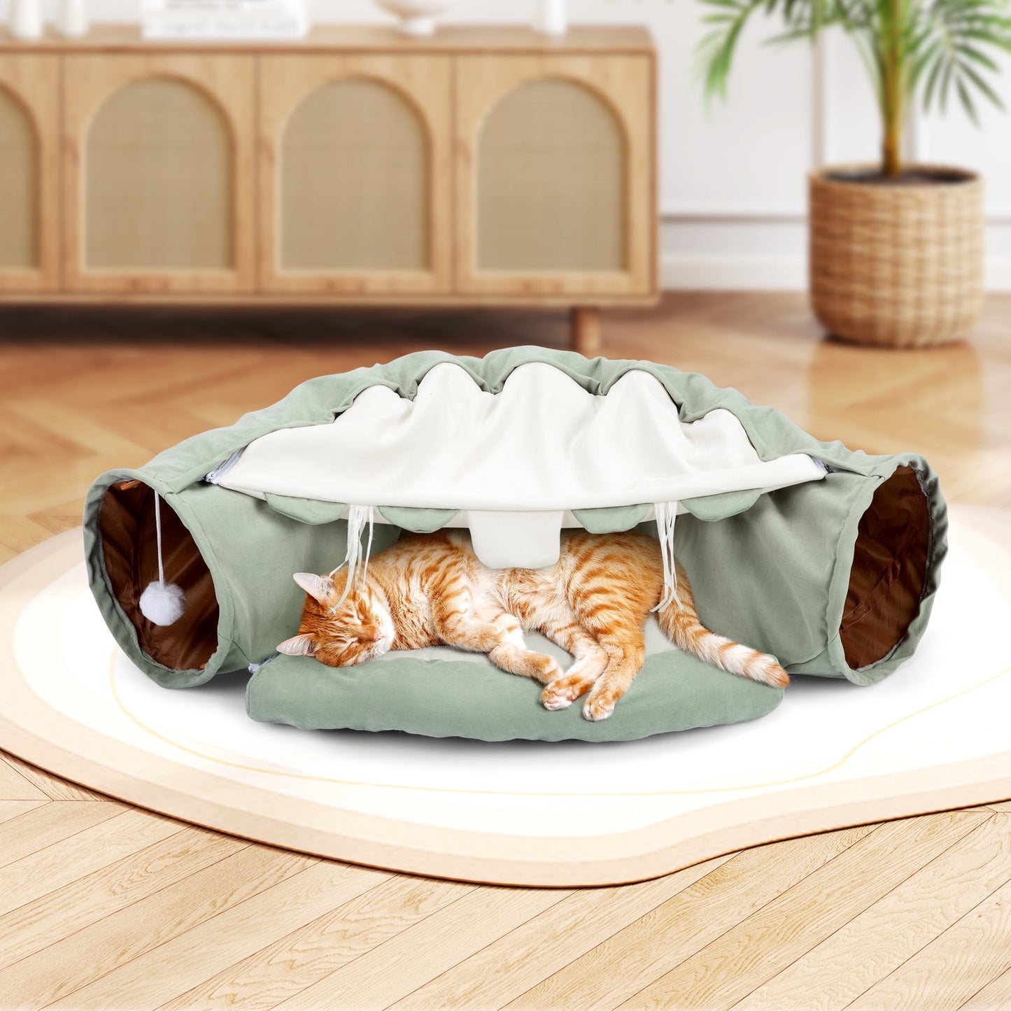 2-In-1 Cat Tunnel Tube Cat Tunnel Bed W/ Washable Bed Collapsible Kitty Toy, Green