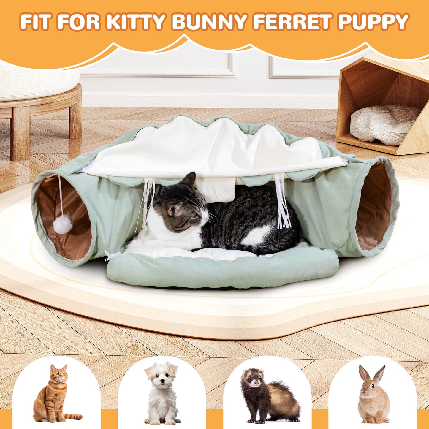 2-In-1 Cat Tunnel Tube Cat Tunnel Bed W/ Washable Bed Collapsible Kitty Toy, Green