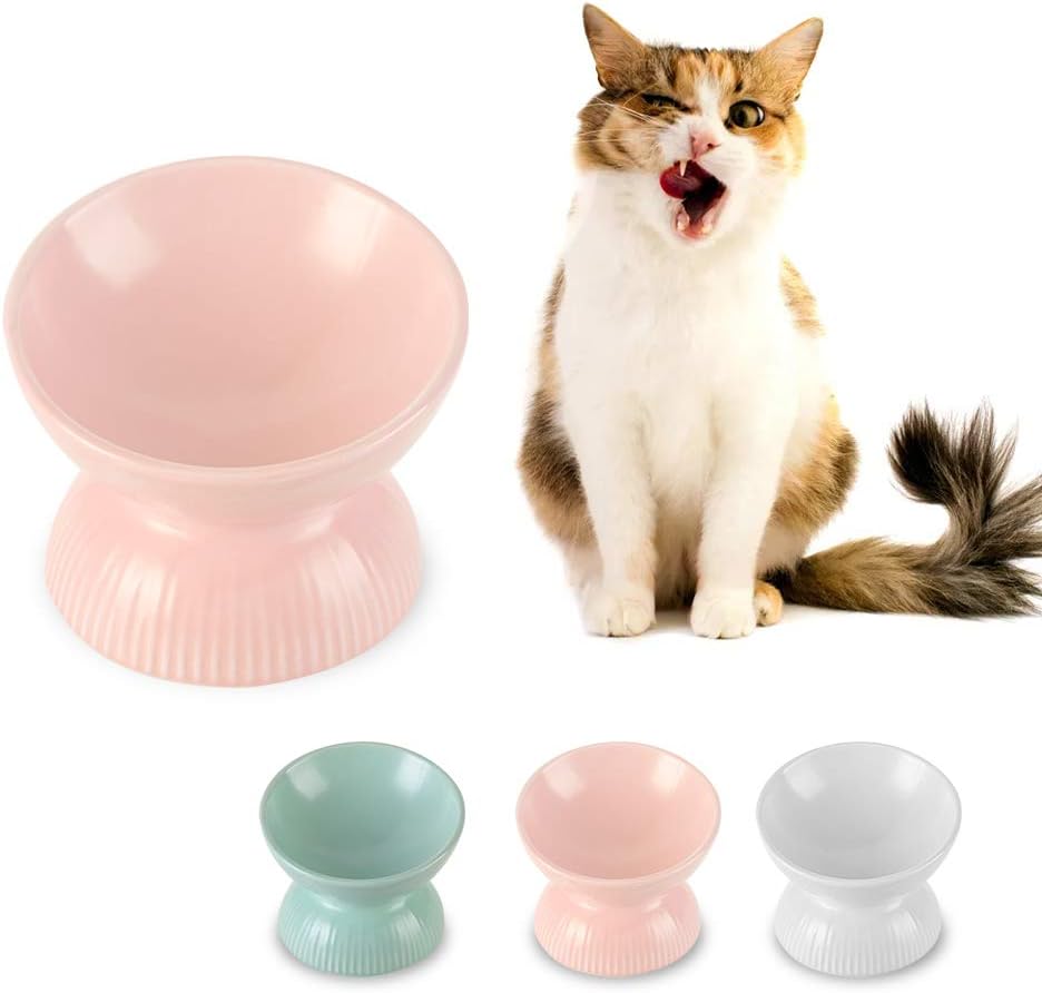 Ceramic Raised Cat Food Bowl - Tilted Cat Dish anti Vomiting - Small Elevated Feeding Bowl - Microwave and Dishwasher Safe - 4 Oz