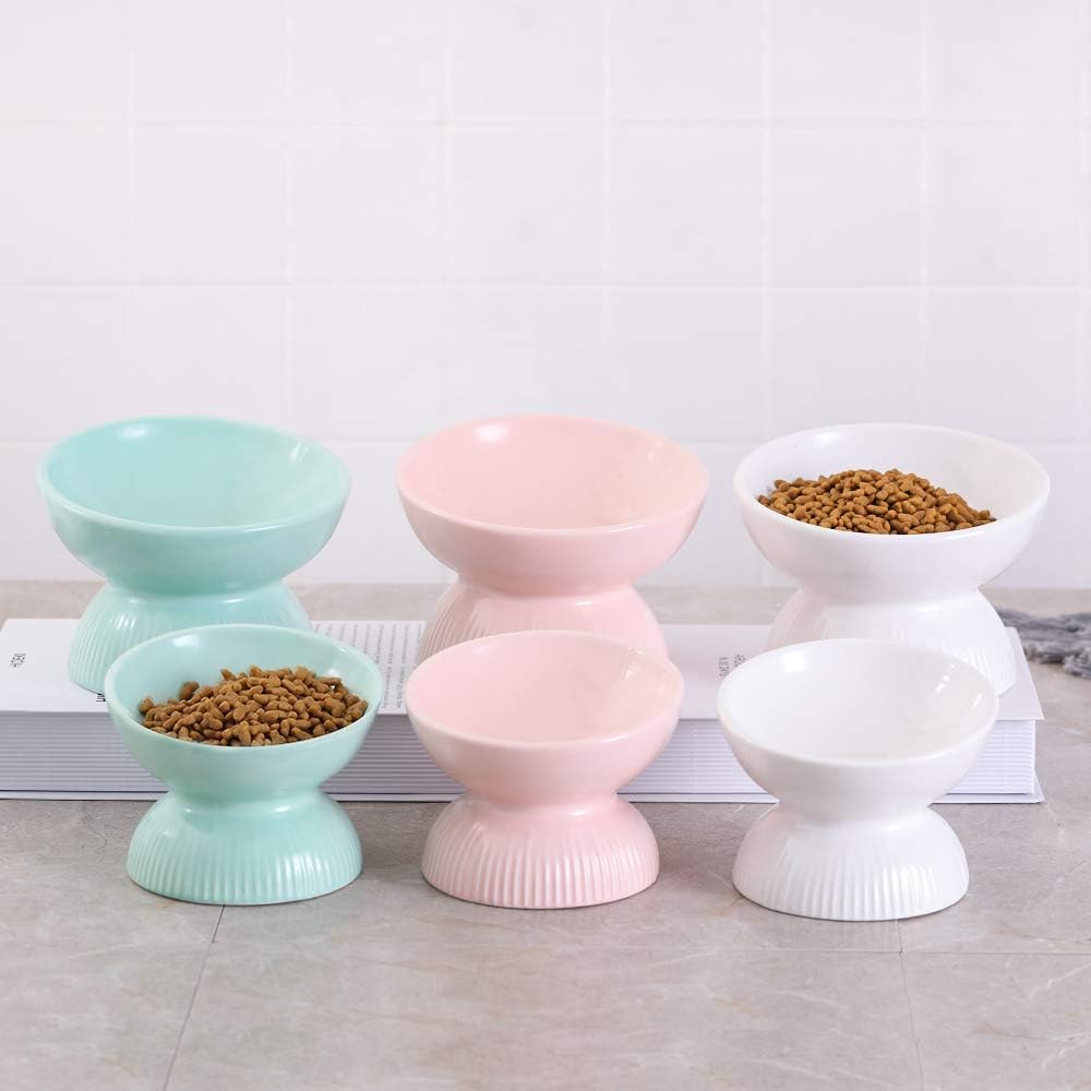 Ceramic Raised Cat Food Bowl - Tilted Cat Dish anti Vomiting - Small Elevated Feeding Bowl - Microwave and Dishwasher Safe - 4 Oz
