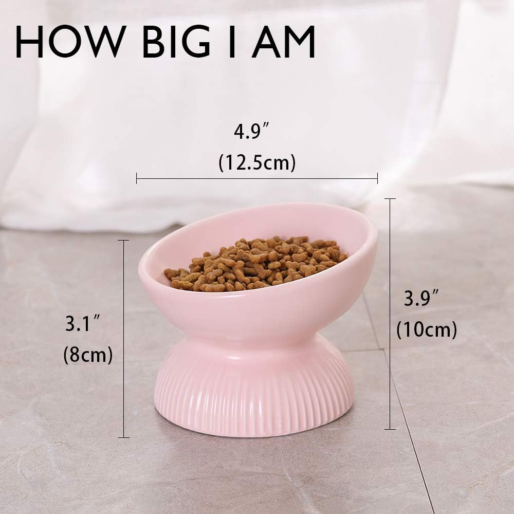 Ceramic Raised Cat Food Bowl - Tilted Cat Dish anti Vomiting - Small Elevated Feeding Bowl - Microwave and Dishwasher Safe - 4 Oz
