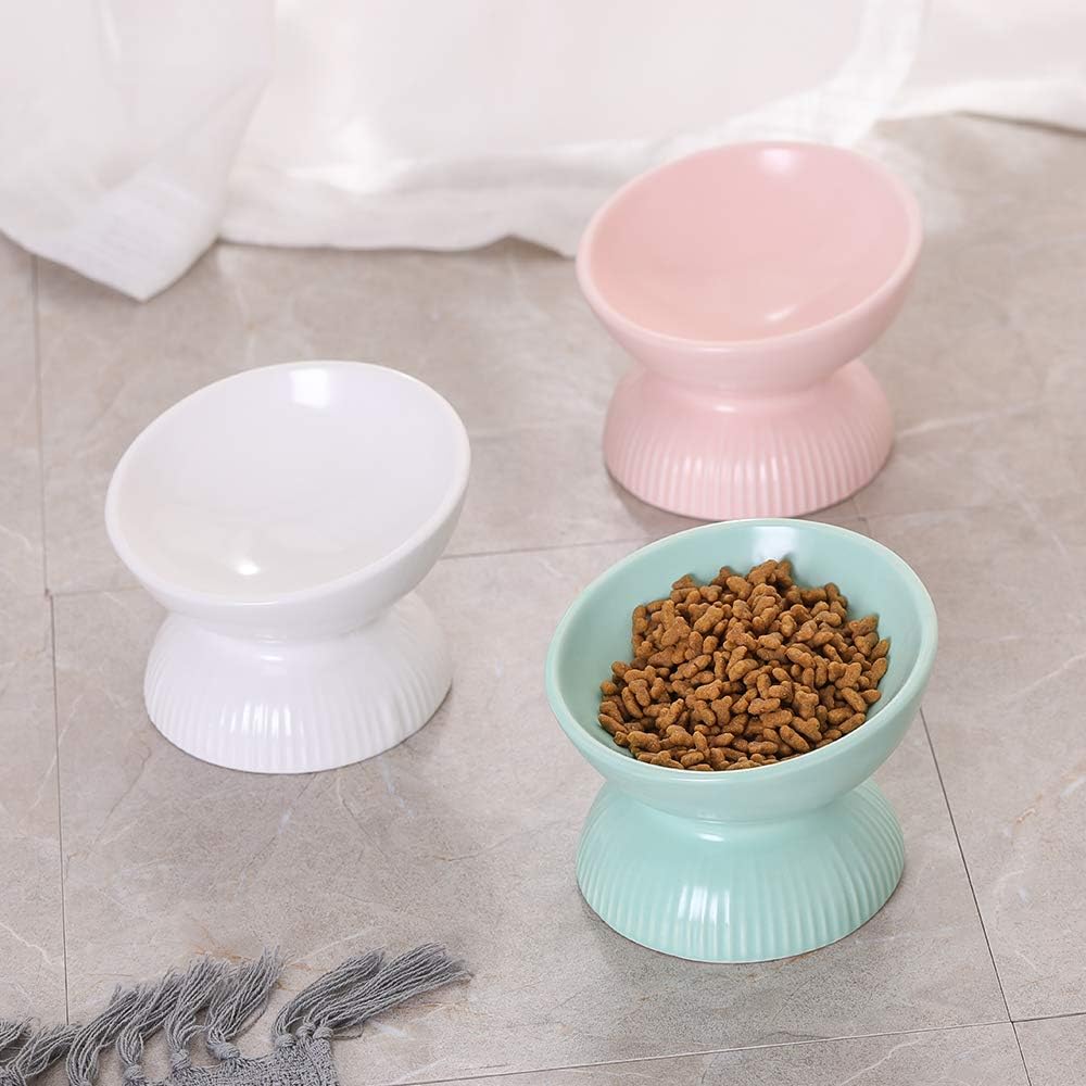 Ceramic Raised Cat Food Bowl - Tilted Cat Dish anti Vomiting - Small Elevated Feeding Bowl - Microwave and Dishwasher Safe - 4 Oz