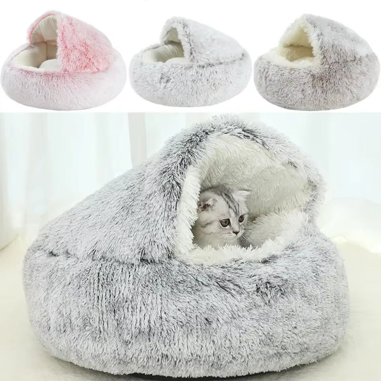 Winter Plush Round Cat Bed and 2-in-1 Warm Pet Sleep Bag for Small Dogs and Cats
