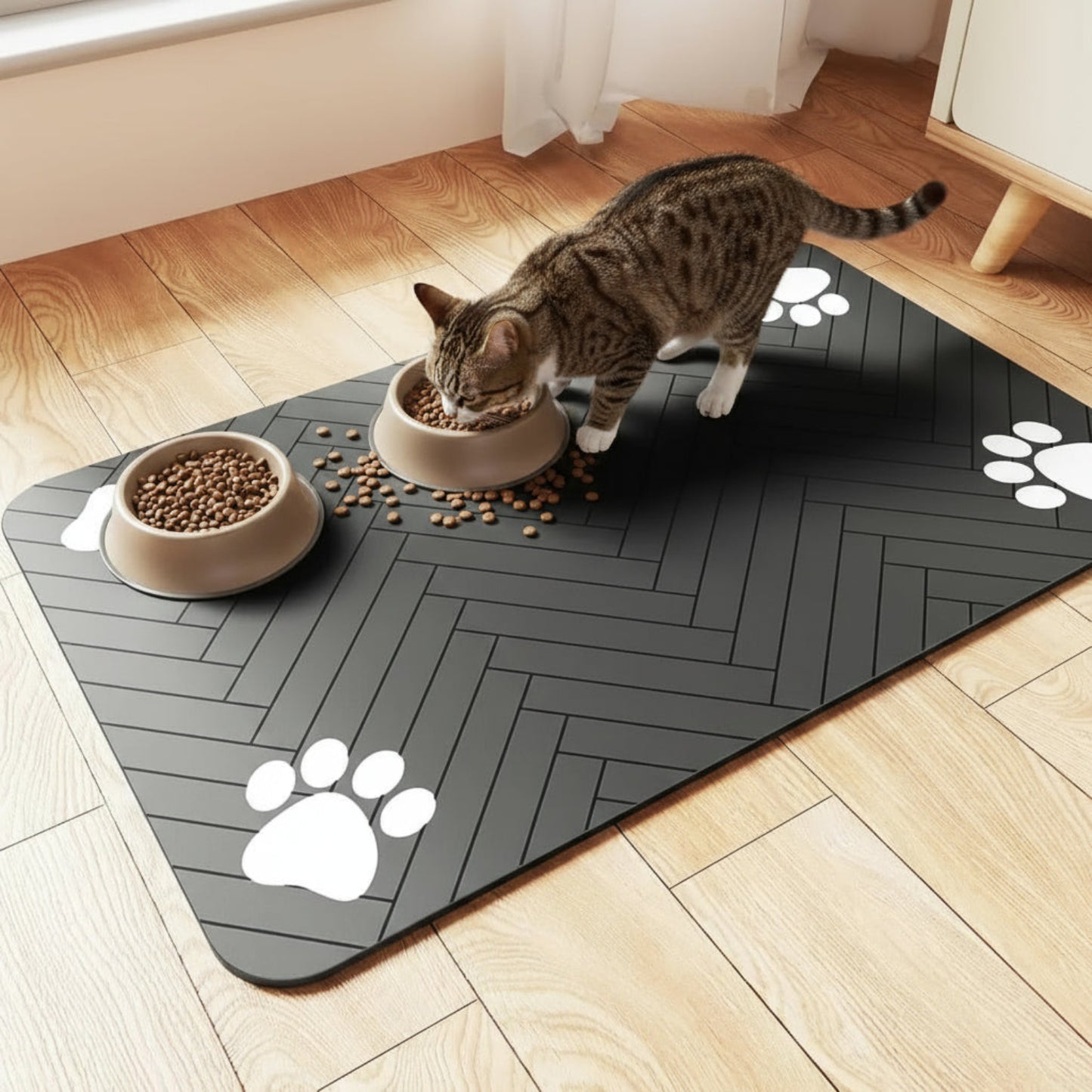 Tapete absorbente impermeable para comida de mascotas.