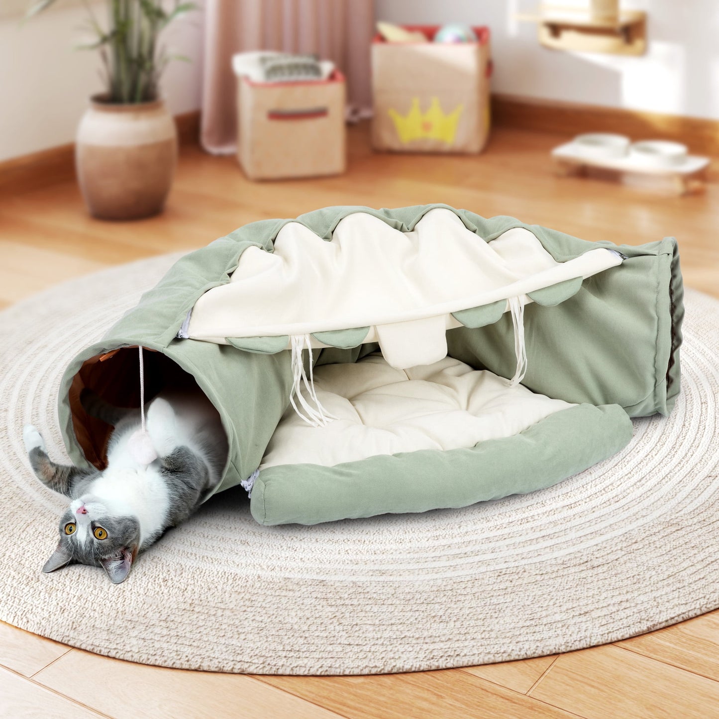 2-In-1 Cat Tunnel Tube Cat Tunnel Bed W/ Washable Bed Collapsible Kitty Toy, Green