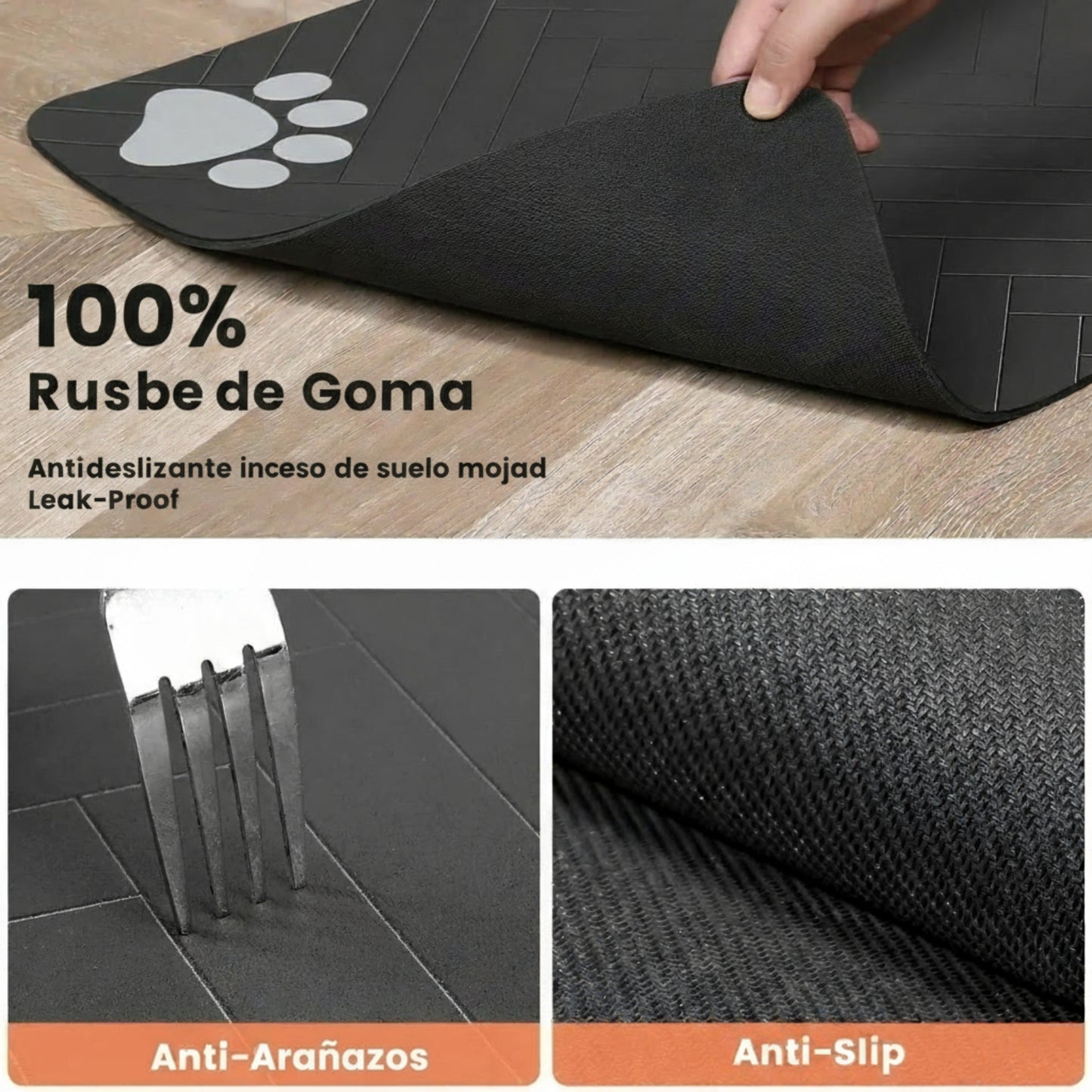 Tapete absorbente impermeable para comida de mascotas.