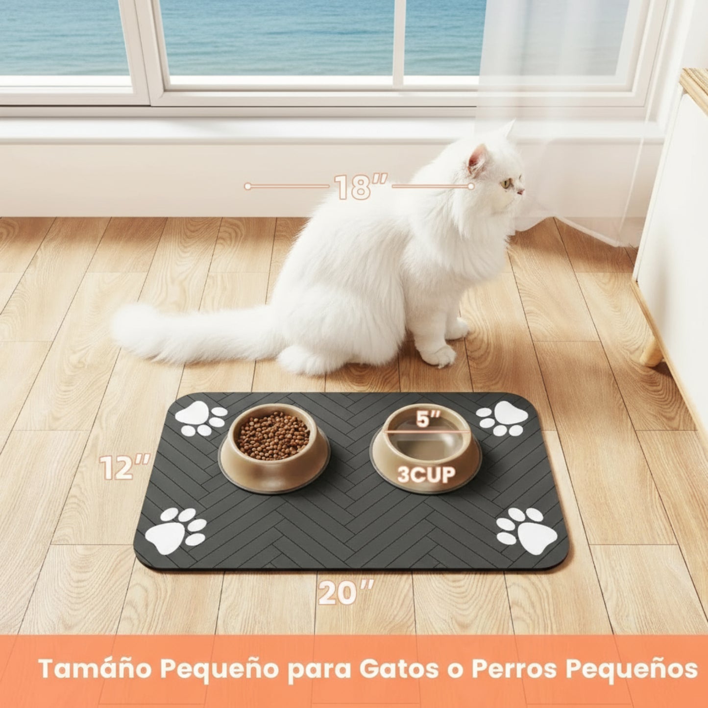 Tapete impermeable antideslizante para comida de mascotas.