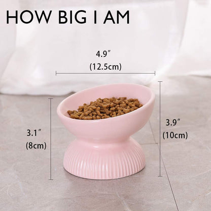 Ceramic Raised Cat Food Bowl - Tilted Cat Dish anti Vomiting - Small Elevated Feeding Bowl - Microwave and Dishwasher Safe - 4 Oz