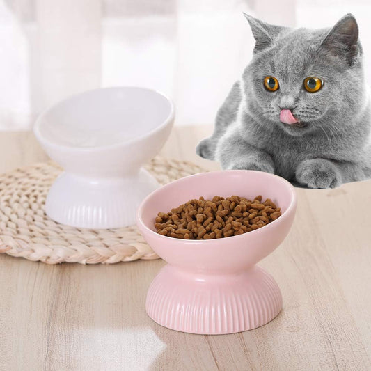 Ceramic Raised Cat Food Bowl - Tilted Cat Dish anti Vomiting - Small Elevated Feeding Bowl - Microwave and Dishwasher Safe - 4 Oz