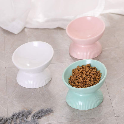 Ceramic Raised Cat Food Bowl - Tilted Cat Dish anti Vomiting - Small Elevated Feeding Bowl - Microwave and Dishwasher Safe - 4 Oz